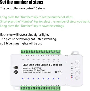 Контролер освітлення сходів з детектором руху, контролер світлодіодної стрічки від 12 В до 24 В, з функціями затримки яскравості, швидкості та часу (дев'ять моделей, до 16 світлодіодів, з дистанційним керуванням)