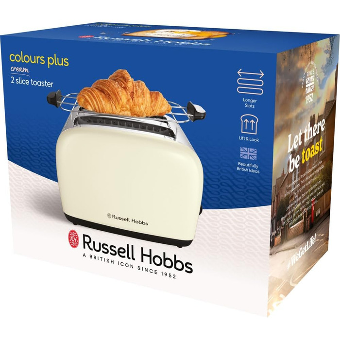 Тостер Russell Hobbs на 2 скибочки Colours Plus Stainless Steel Cream (надзвичайно широкі отвори для тостів, включаючи насадку для булочки, 6 рівнів підрум'янювання функція розморожування, функція lift & look, 1600 Вт) 26551-56 Тостер НОВИНКА