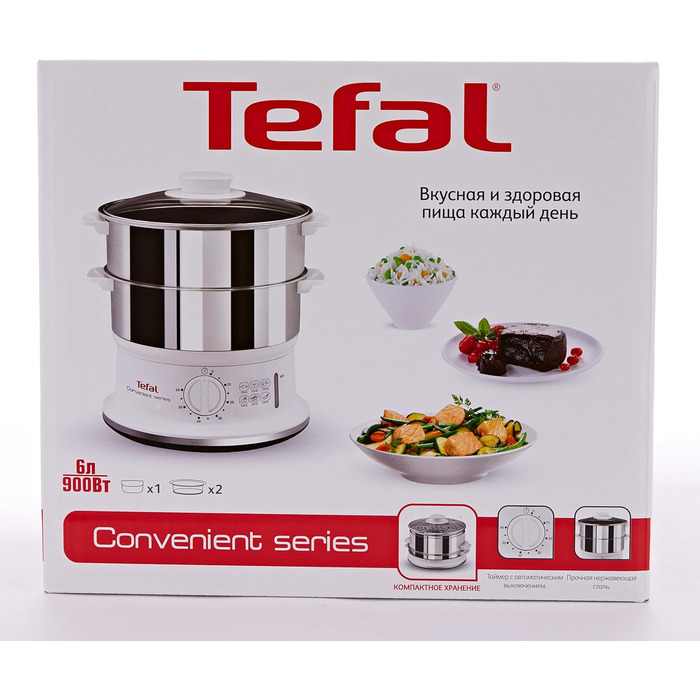 Відпарювач Tefal VC1451 2 контейнери з нержавіючої сталі Ємність 6 л Діаметр 24 см Таймер і автоматичне відключення 900 Вт Біла ЗРУЧНА СЕРІЯ