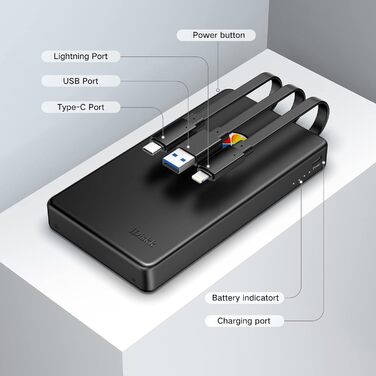 Зовнішній жорсткий диск iDiskk 2 ТБ (2000 ГБ) Lightning для iPhone, сертифікований MFi, 3-в-1 з 3 інтегрованими кабелями, портативний жорсткий диск, жорсткий диск USB-C для мобільних телефонів iPhone/iPad/Mac/PC і Type-C (чорний) 2TB Blue