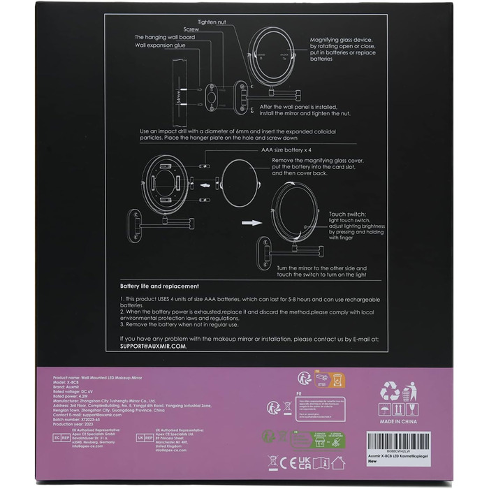 Зі світлодіодним підсвічуванням зі збільшенням 1-/10X, дзеркало для макіяжу з можливістю затемнення та батареєю сенсорного перемикача, дзеркало для гоління двостороннє настінне кріплення на 360 для ванної кімнати, спа та готелю 10-кратна батарея