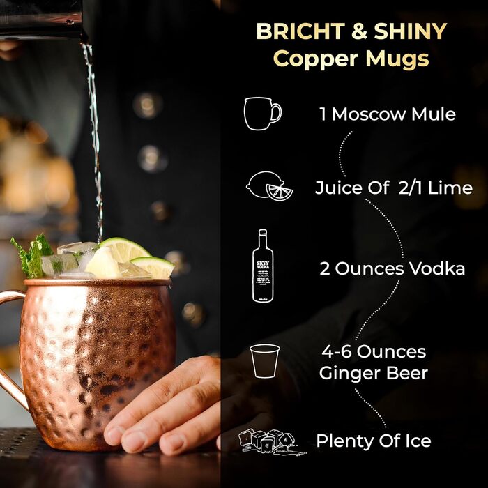 Мідні чашки Moscow Mule - набір з 4-х, 100 ручної роботи, суцільнолиті мідні чашки, подарунковий набір з 4 мідними соломинками, 1 ложкою для розмішування, 1 мідною чаркою, 1 щіткою для чищення соломинок.