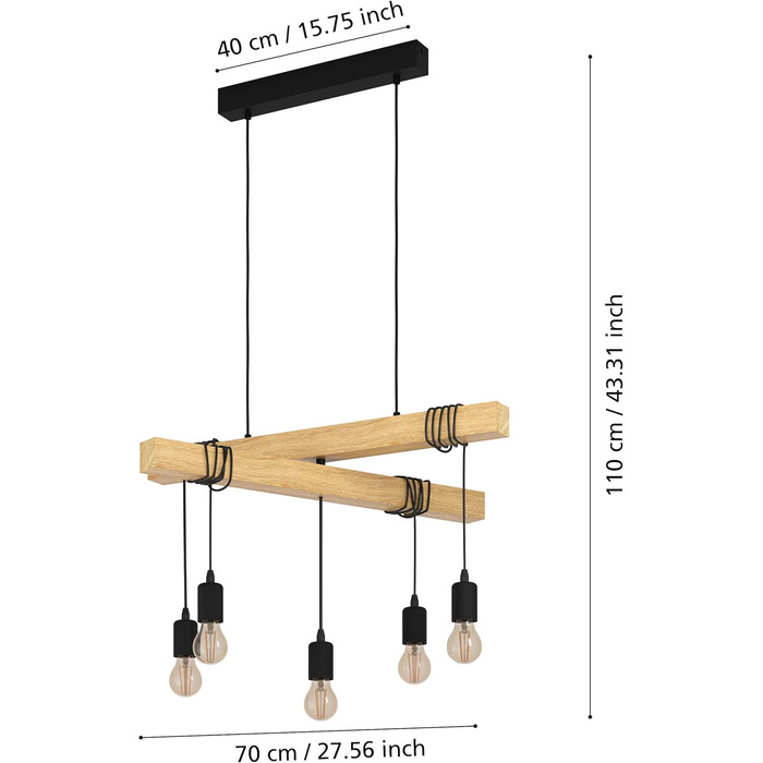 Торшер EGLO Townsend, вінтажний світильник на 2 полум'я з дерев'яним променем, ретро торшер з металу чорного кольору та дерева з натурального, цоколь E27 (підвісний світильник 5 полум'я, не сертифікований FSC)