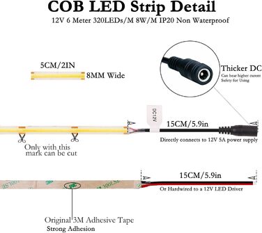 Світлодіодна стрічка JOYLIT 12V COB 6 М тепла біла 3000K для приміщень 320 світлодіодів/м CRI 90 Самоклеюча, гнучка світлова стрічка для шафи, полиці, шафи, сходів (тільки світлодіодна стрічка) 3000k 6M COB