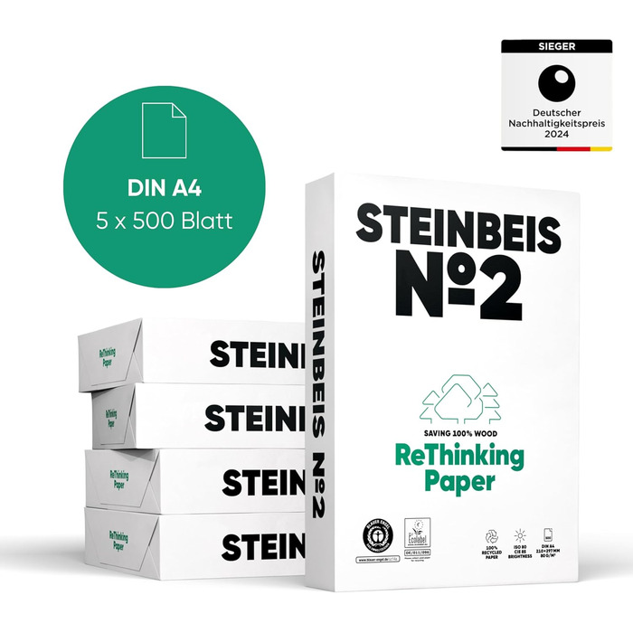 Папір для принтера Steinbeis No. 2 перероблений папір формату DIN A4 80 г/м, білий і без хлору, високоякісний копіювальний папір на 2500 (5 x 500) аркушів ISO 80 / CIE 85