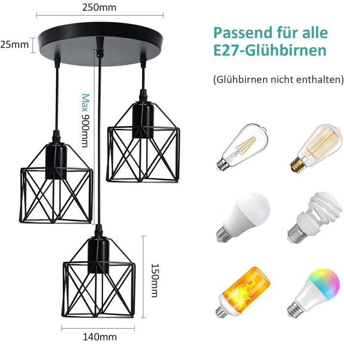Підвісний світильник EMKE Vintage 3 Полум'я Ретро підвісний світильник Стельова люстра Металевий абажур E27 Чорний, підходить для вітальні, їдальні та спальні