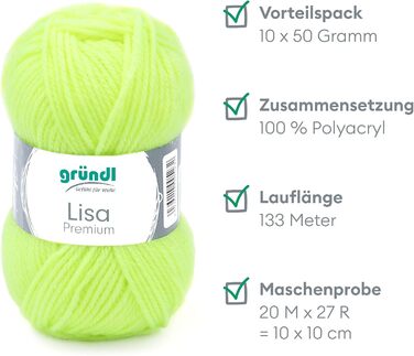 Пряжа Grndl Lisa Premium Uni Knitting & Chet Yarn (м'яка і схожа на шерсть, проста в догляді миється трикотажна пряжа з 100 поліакрилу, 50 г/ 133 м, розмір голки 3,5 - 4,5, 10 клубків по 50 г кожен), (неоново-жовтий)