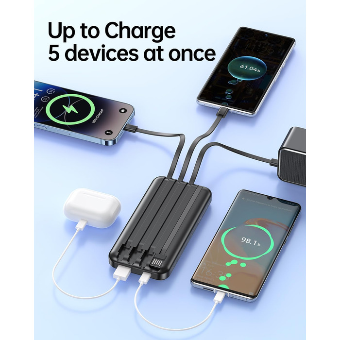 З 4 кабелями, Power Bank USB-C 22,5W Fast Charging зовнішня батарея мобільного телефону, PD20W портативний зарядний пристрій зі світлодіодним дисплеєм для iPhone Samsung Huawei Outdoor, 15000mAh