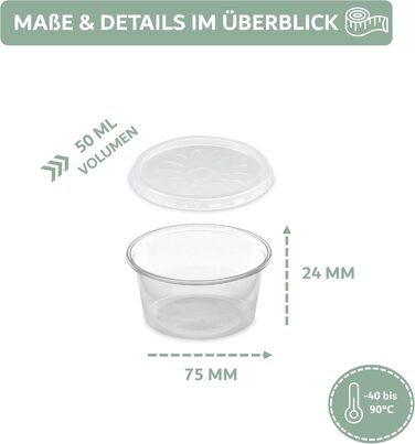 Преміальна порційна чашка з кришкою 50 мл (75x24 мм, прозора) PP пластиковий контейнер для соусів, соусів і заправок - Маленькі миски/чашки ідеально підходять як пластикові контейнери для соусу, 1000x