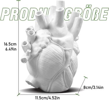 Ваза TIHOOK Серце, анатомічний естетичний декор, біла ваза у формі серця, матеріал вази - смола, ваза для квітів для прикраси будинку, для живих квітів, сухоцвітів, рослин
