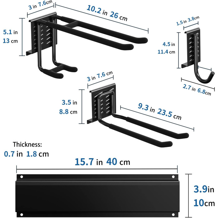 Зберігання в гаражі, 120 см регульований 10 настінних кронштейнів і 4 S гачки 4 ремені для зберігання, стійка для інструментів Настінний тримач інструментів для гаражів Підвальна майстерня Мітла Граблі Органайзер для інструментів 14 гачків, 3-H