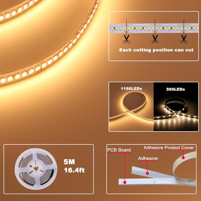 Світлодіодна стрічка TOPAI 5M тепла біла дуже яскрава 11000 люмен, світлодіодна стрічка 24 В 3000K Самоклеюча 20 Вт / М, SMD2835 світлодіодна стрічка тепла біла 238 світлодіодів / м Неводонепроникна для комерційних, домашніх, своїми руками Теплий білий IP