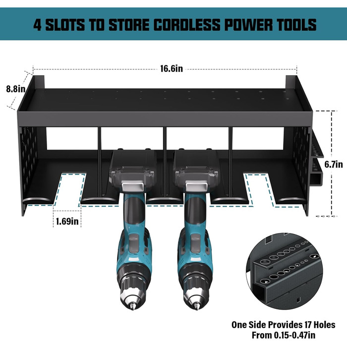 Зберігання інструментів Настінне кріплення Акумуляторний ударний дриль-шуруповерт, 4 слоти Надміцна електрична дриль Настінна стійка для зберігання Шуруповерт Організація Тримач інструментів