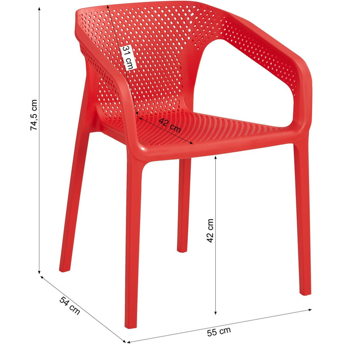 Садовий стілець штабельований пластиковий червоний набір з 6 шт. з підлокітниками Стійкі до атмосферних впливів садові меблі Стільці Modern, 4u 2687