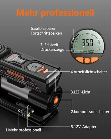 Повітряний компресор ENGINDOT 150PSI, насос для шин 12 В з цифровим світлодіодним РК-ліхтариком, електричний повітряний насос для автомобільних шин, велосипедів, мотоциклів і м'ячів, включаючи набір адаптерів Сумка для інструментів