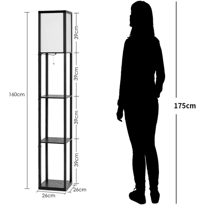 Торшер на 3 полиці, торшер вертикальний, торшер для лампи до 60Вт, сталевий світильник E27 цоколь, приліжковий світильник для вітальні та спальні та офісу, 26 x 26 x 160см, чорний (модель 1), 4LIFE
