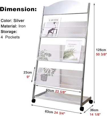 Портативна підставка для брошур і журналів для вітальні, підлогова підставка для літератури з 4 кишенями, тримач для брошур, багатоярусний дизайн (колір срібло) Срібло