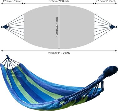 Гамак Firschoie, полотно 280 х 100 см загальна довжина 280 см Вантажопідйомність гамака 300 кг, смугастий туристичний гамак Зручні вуличні гамаки, Hamgemate для вулиці, кемпінгу, балкона, пляжу (синій)