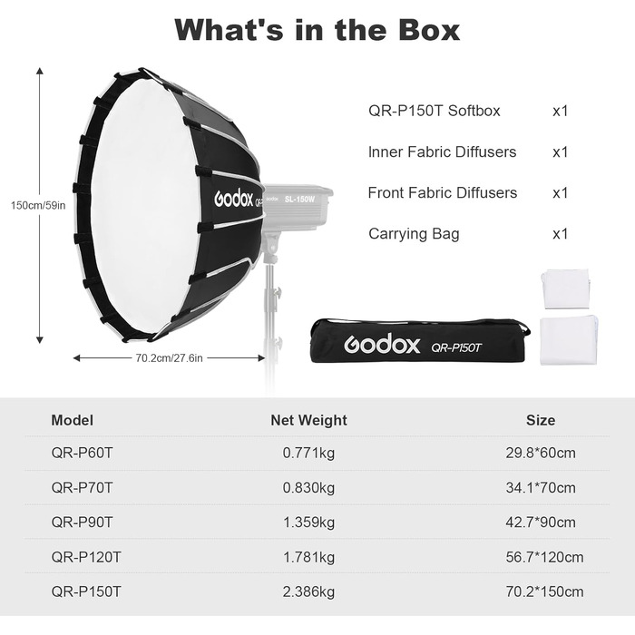 Параболічний софтбокс з Quick Release 150см, кріпильний софтбокс Bowens з сумкою для перенесення, 2 розсіювачі для фотозйомки, стабільне світло, моноліхтарі, портретні знімки Vedio (150,1см, софтбокс) 59,1 дюйма Софтбокс, 150T