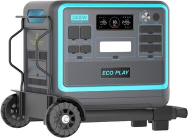 Портативна електростанція Eco Play з ручним візком, 2400 Вт (пікова 4800 Вт) з батареєю LiFePO4 2048 Втгод, чиста синусоїда 3x230 В змінного струму, від 1,8 год до повної зарядки, сонячний генератор для кемпінгу/на вулиці/аварійної допомоги N052візок