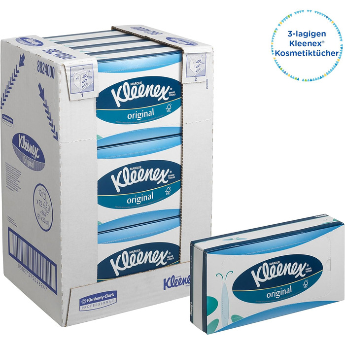 Косметичні серветки / носові хустки Kleenex 8824 - м'які, міцні та абсорбуючі - 12 x 72 (864 серветки) білий, 3-шаровий, без ароматизаторів білий 72 предмети (12 упаковок)