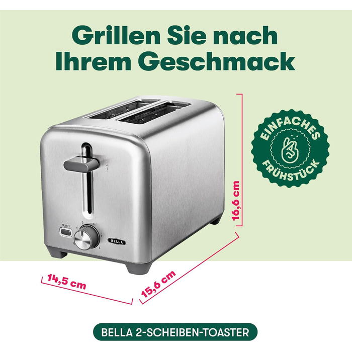 Тостер BELLA на 2 скибочки з надзвичайно широкими отворами для тостів і знімним піддоном для крихт 6 рівнів підрум'янювання, автоматичне вимкнення та повторне нагрівання тости, бублики та вафлі 2 скибочки сталевого хліба
