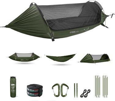 Гамак ETROL Outdoor, 2-місний гамак з москітною сіткою Ultralight - вантажопідйомність 500 фунтів 290 x 140 см, 3 в 1 функція парашутні кемпінгові гамаки Намет для трекінгу, подорожей, пляжу, саду Оливково-зелений