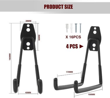 Настінні гачки для гаража, важкі гачки для гаража, подвійні гачки для гаража, гачки для зберігання в гаражі для організації драбини, шланга, велосипедів, електроінструментів насипу (великі, чорні), 4 шт.