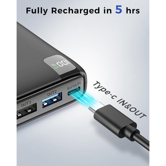 Зовнішній акумулятор Hiluckey Powerbank 27000mAh 22,5 Вт Швидка зарядка Power Bank PD USB C Портативний зарядний пристрій для мобільних телефонів зі світлодіодним дисплеєм, сумісний зі смартфоном, планшетом, чорний