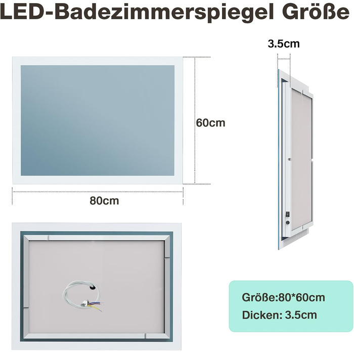 Дзеркало для ванної кімнати GIMBELEN з підсвічуванням, дзеркало для ванної кімнати 80 x 60 см з підсвічуванням і кнопковим вимикачем, світлодіодне дзеркало для ванної кімнати з протитуманним покриттям, 2 кольори світла регулюються, 3000K / 6500K, енергозб