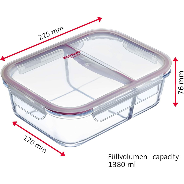 Скляна банка для зберігання їжі Westmark, з 2 відділеннями та кришкою-кліпсою, об'єм наповнення 1380 мл, герметична, можна морозильну камеру та мікрохвильову піч, жаровідна, без BPA, скло/пластик/силікон, прозора/червона, 234522E1 1380 мл