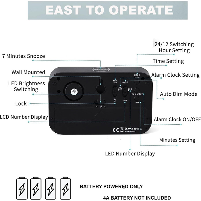 Цифровий будильник KWANWA з живленням від батареї, приліжковий годинник з РК-дисплеєм і світлодіодним дисплеєм, 12/24 години, функція відкладення, регульована яскравість, маленький годинник для спальні, офісу, столу (зелений дисплей) (чорно-зелений світло