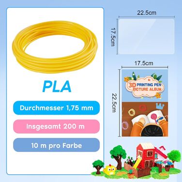 Нитка ручки PLA, 20 кольорів, 10 м кожна - нитка 3D ручки 1,75 мм з набором шаблонів для дітей і дорослих, нитка аксесуарів для 3D ручок із шаблонами для ODRVM, Tecboss, Lovebay, ручка 3D принтера, 3D