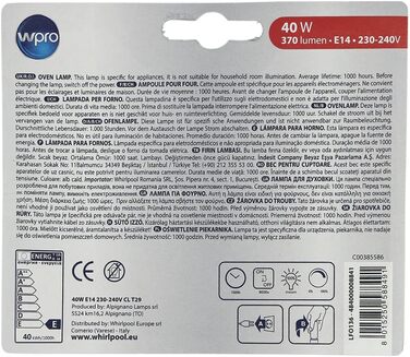 Лампа Wpro LFO136 лампочка E14 40W 240V T29 до 300C духовка плита також Whirlpool Bauknecht Hotpoint Indesit KitchenAid 484000008841