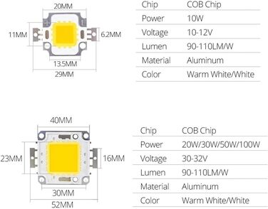 Вт 20 Вт 30 Вт 50 Вт 100 Вт COB Світлодіодний чіп постійного струму 9-12 В 30-36 В Інтегровані матричні діодні намистини Прожектор своїми руками Прожектор високої потужності, теплий білий, 10 Вт теплий білий 10 Вт, 2 шт., 10