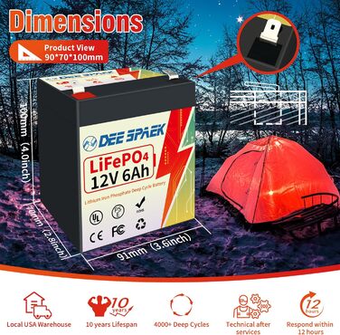 Акумулятор DeeSpaek 12V 6Ah LiFePO4, акумуляторні літієві батареї глибокого циклу з BMS 10 А, ідеально підходять для їзди на іграшках, домашньої сигналізації, запобіжника, газонокосарки та аварійного освітлення