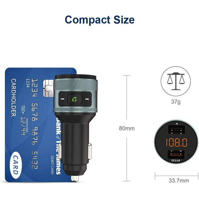 Передавач, автомобільне радіо QC 3.0 Автомобільний бездротовий адаптер Автомобільний комплект гучного зв'язку з подвійним зарядним пристроєм Підтримує 64 ГБ USB-флеш-накопичувач сірого кольору