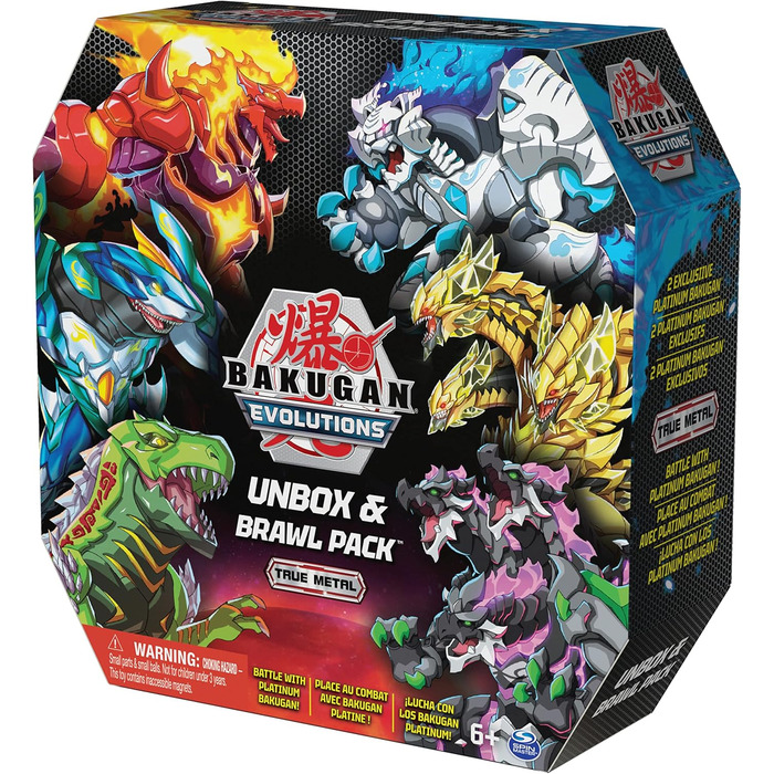 Ексклюзивний набір Storeo Bakugan 'Evolutions UNbox & Brawl 6 з 2 кулями платинової серії (Pyrus Dragonoid, Haos Wrath) та 4 основними кулями (Aquos Sharktar, Ventus Trox, Aurelus Viloch, Darkus Nillious)