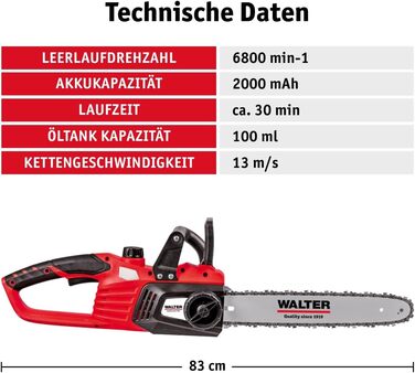 Акумуляторна безщіткова ланцюгова пила WALTER Li-Ion 40 В, швидкість ланцюга 13 м/с, довжина різання 350 мм, потужна продуктивність, легкість у використанні, час роботи близько 30 хв, вкл. напрямну шину, пиляльний ланцюг і 2 акумулятори