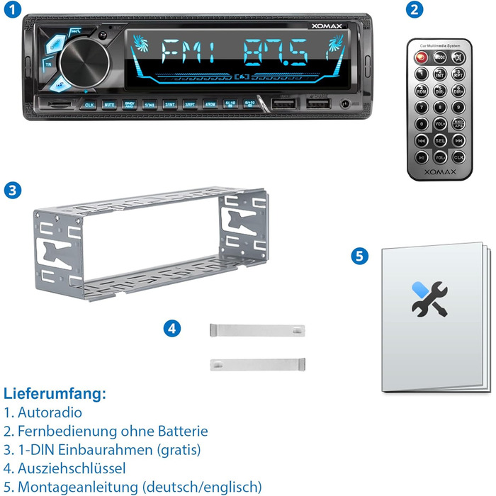 Автомобільна стереосистема XOMAX XM-R282 з FM RDS, гучний зв'язок Bluetooth, USB, SD, MP3, ID3, 2-й порт USB з функцією заряджання, AUX-IN, 1 DIN