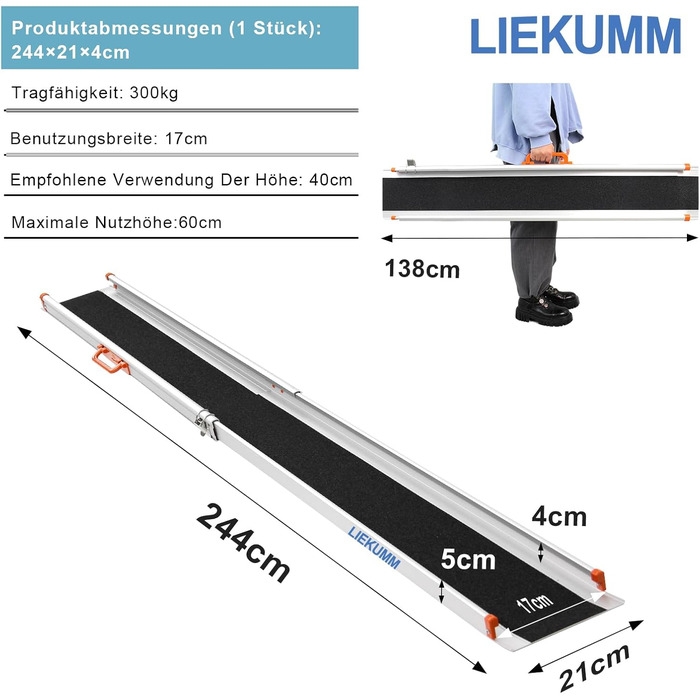Телескопічні пандуси LIEKUMM 244 x 21 см, алюмінієвий пандус для інвалідних візків, телескопічний пандус для інвалідних візків 138-244 см, 1 пара, до 300 кг для ручних інвалідних візків