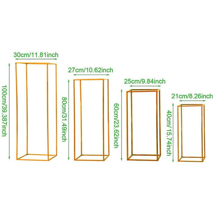 Металева ваза для квітів, підставка для квітів, прямокутна підставка для вази, знімна, вечірка, весілля, центральний елемент, захід, вулиця, свинцева підставка для квітів, золото (4 шт. и (40 см, 60 см, 80 см, 100 см)