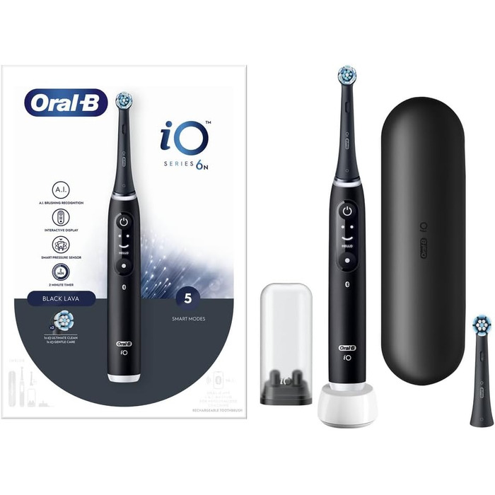 Електрична зубна щітка Oral-B iO 6N, чорна, Bluetooth, 2 щітки, 1 дорожній кейс