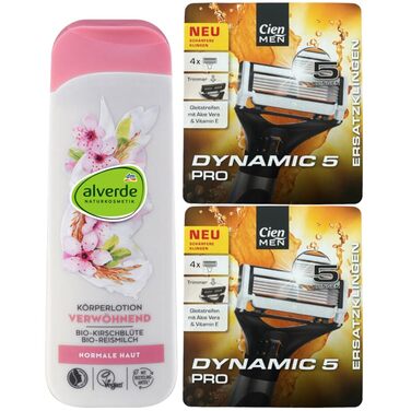 Змінні леза Cien Men 8 для системи гоління DYNAMIC 5 PRO (СТАРА МОДЕЛЬ) 5-Blade (2 x 4 шт. и) Alverde Naturkosmetik Body Lotion PAMPERING Moisturizer з вишневим цвітом і рисовим молоком (250 мл)