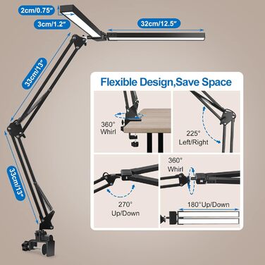 Наша настільна лампа затискна, настільна лампа з подвійною головою LED, світлодіодна настільна лампа 24 Вт з широкою рівномірною яскравістю, безпечна для очей робоча лампа - чорний 24.0