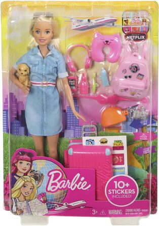 Лялька Барбі Barbie Dream House Adventures, подорожня Барбі зі світлим волоссям, рожева валіза, рюкзак, подушка для шиї, цуценя, аксесуари Барбі, подарунки для дітей віком від 3 років,FWV25