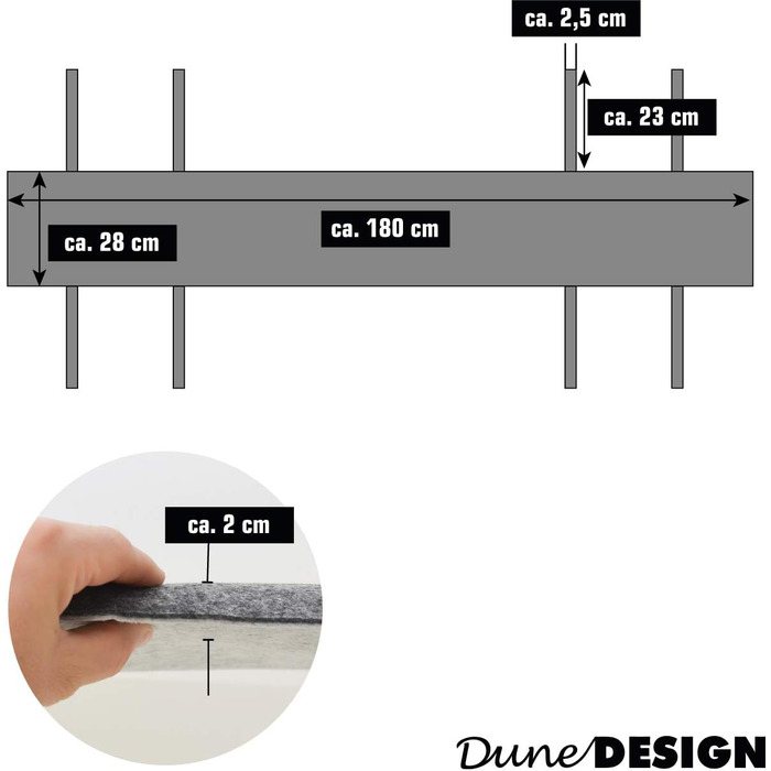 Набір DuneDesign з 2 шт. 180 см Повстяна подушка для пивної лавки - Подушка для перевертання товщиною 2 см - 180x28 Подушки для сидіння Набір пивних наметів - Подушка для сидіння для пивних лавок Декоративний набір пивних наметів Набір подушок для пивної 