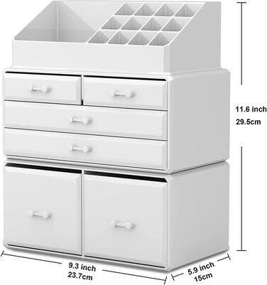 Органайзер для макіяжу, акрилові косметичні вітрини CQ з кришкою, пилонепроникні, для стільниці ванної кімнати, штабельовані, великі, прозорі органайзери для макіяжу та зберігання з 6 ящиками, білий білий