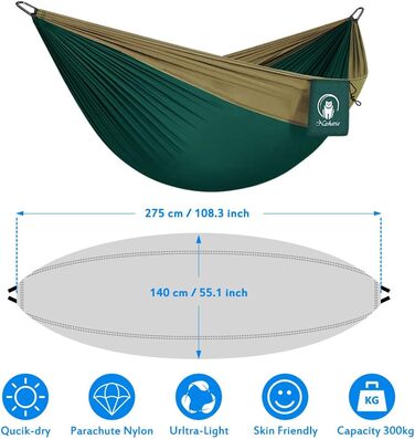 Гамак Nasharia Outdoor, 2 особи Відкритий гамак 300 кг Вантажопідйомність 275 * 140 см, Туристичний гамак Ультралегкий дихаючий гамак Нейлоновий парашут для кемпінгу на відкритому повітрі, саду та пляжу Темно-зелений