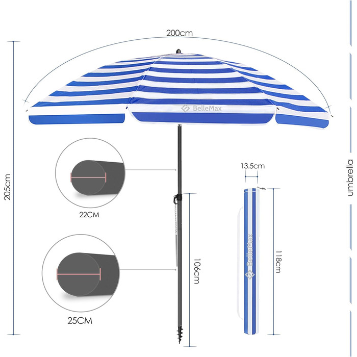 Плаяжна парасолька BelleMax 160 см пляжна вітрозахисна із захисним чохлом із захистом від сонця UV50 синьо-білі смуги
